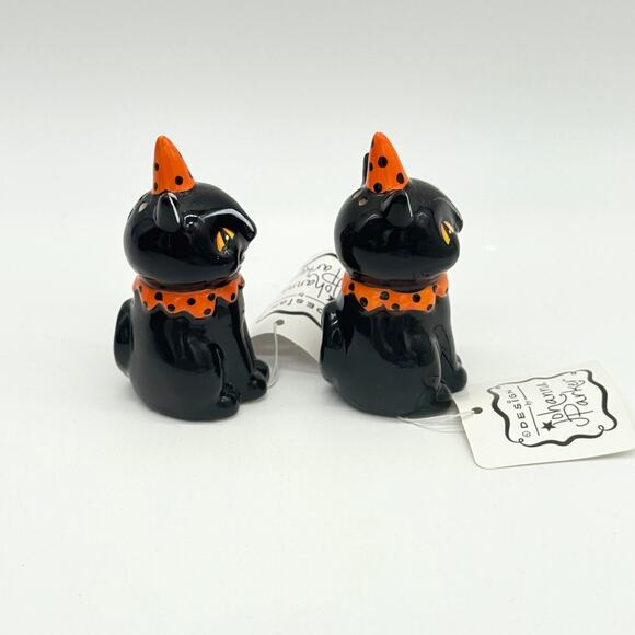 Johanna Parker Black Cat Salt and Pepper Shakers Set Grinning Jack Halloween New - Picture 4 of 7